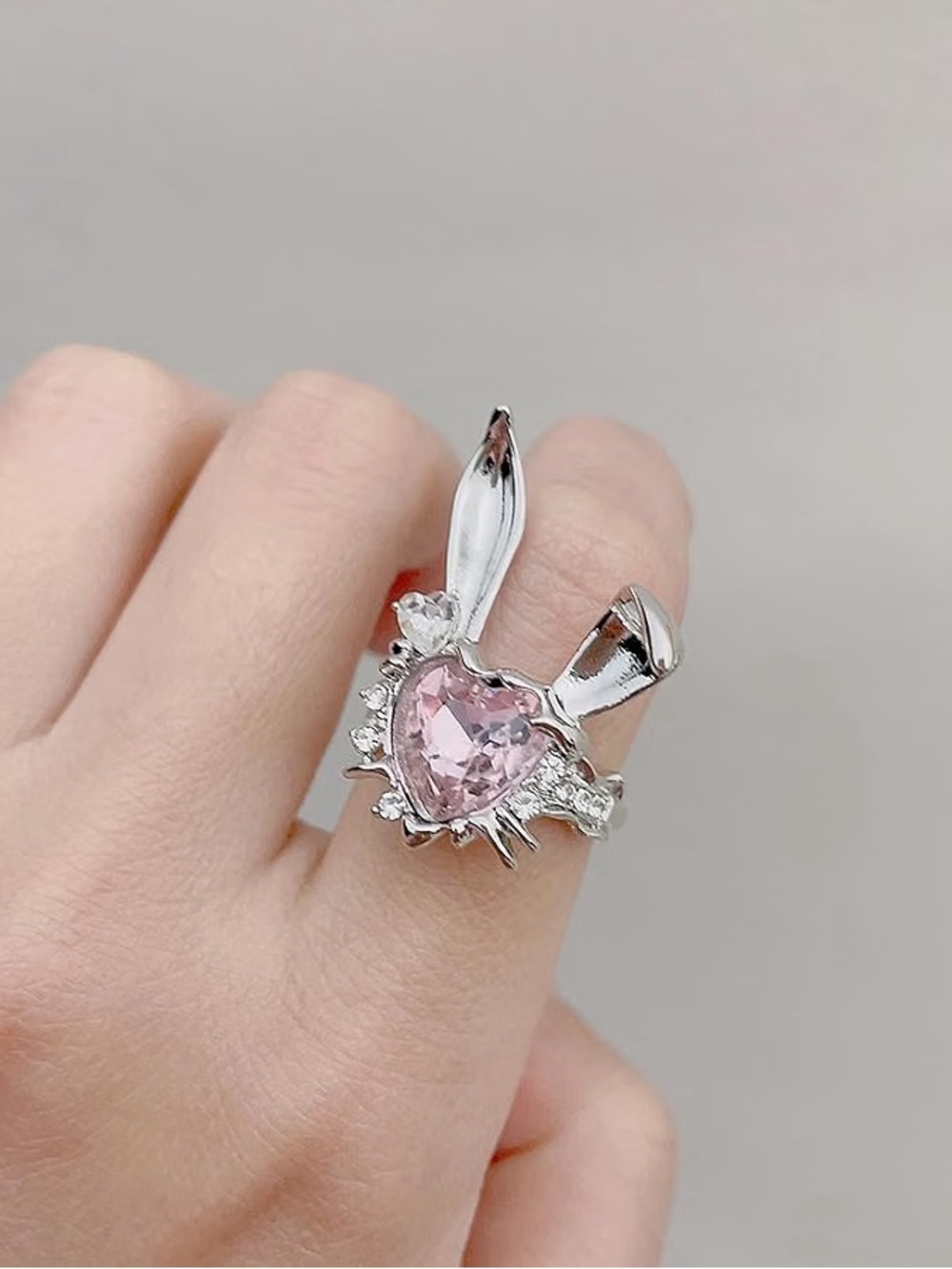 Heart-Shaped Bunny Ring for Women Pink CZ Rabbit Crystal Finger Silver